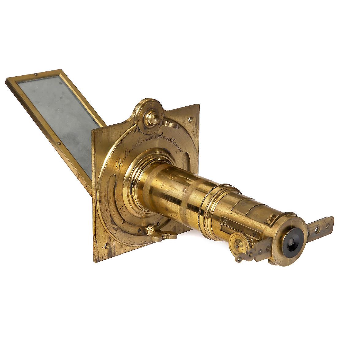 English Solar Microscope by R. Bancks, c. 1790: English Solar Microscope by R. Bancks, c. 1790 Signed on the baseplate "R. Bancks, 440 Strand, London", length 14 1/5 in., original lacquered brass, 6 lenses on a brass slide which can be inserted int