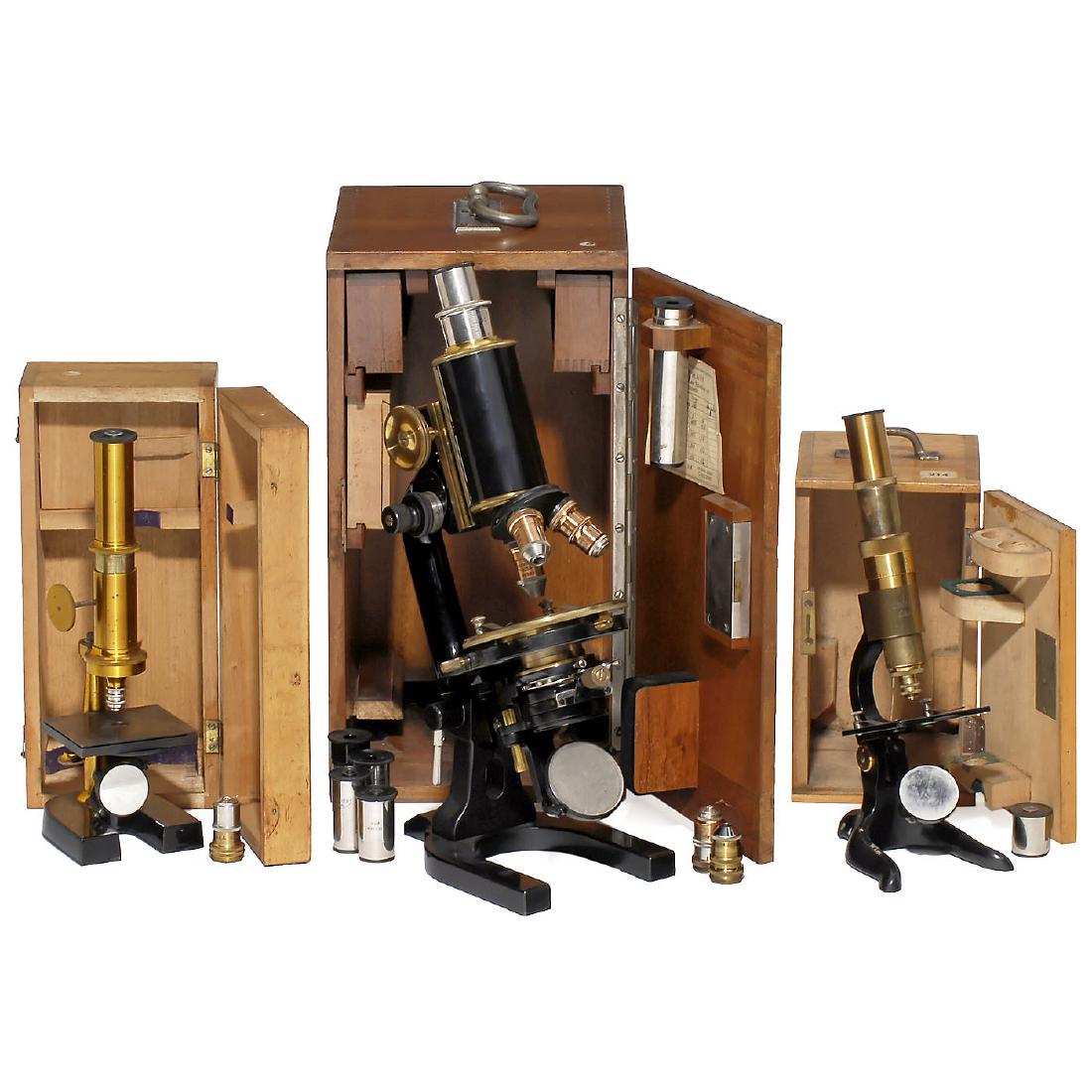 3 Microscopes: 3 Microscopes 1) C. Reichert, Wien. No. 58998, lacquered brass, triple nosepiece, coarse and fine adjustment, condenser, 4 objective lenses, 3 eyepieces, height 14 1/5 in., in case with identical