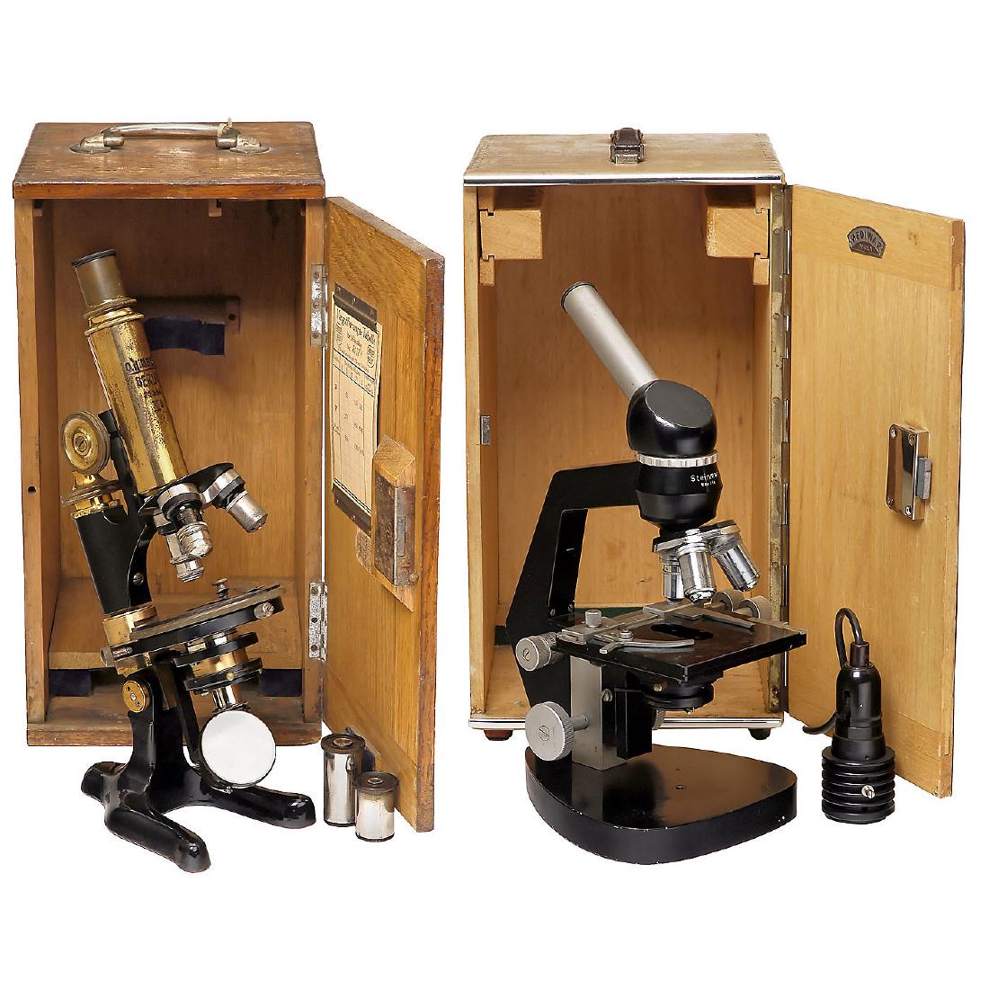 2 Berlin Microscopes: 2 Berlin Microscopes 1) O. Himmler, no. 20584, brass and cast-metal, tilting stand, triple nosepiece, 3 eyepieces, height 12 ¾ in., with case, c. 1920. - And: 2) Steinmar, no. 8641, triple nosepi