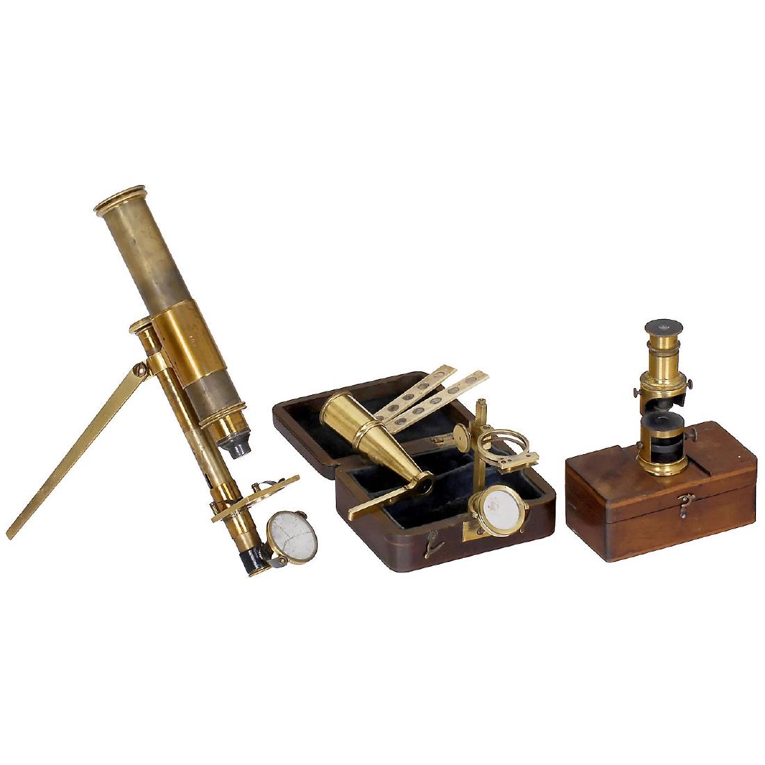 3 Pocket Microscopes: 3 Pocket Microscopes 1) Signed "Cary, London", original lacquered brass, height-adjustable stage, missing limb locking screw, 2 bone slides, polished walnut case, height 7 in., c. 1830. - 2) Miniature