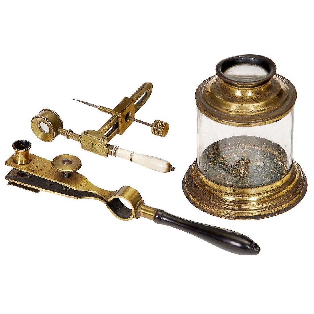 3 Simple Microscopes: 3 Simple Microscopes 1) Simple microscope, brass and ebony, screwable lens, milled-head screw focusing, length 6 ¼ in., c. 1750. - 2) Simple botanical microscope, England, lacquered brass, bone