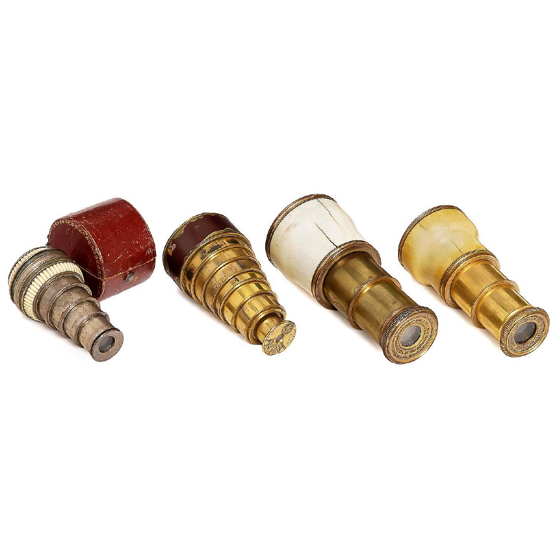 4 Monocular Opera Glasses: 4 Monocular Opera Glasses 1) France, c. 1880. Eyepiece surrounds embossed "Lunette par Invention et Perfectionnement", brass, bone body with stress cracks, 2 extensions, Ø 2 ¼ in., length e