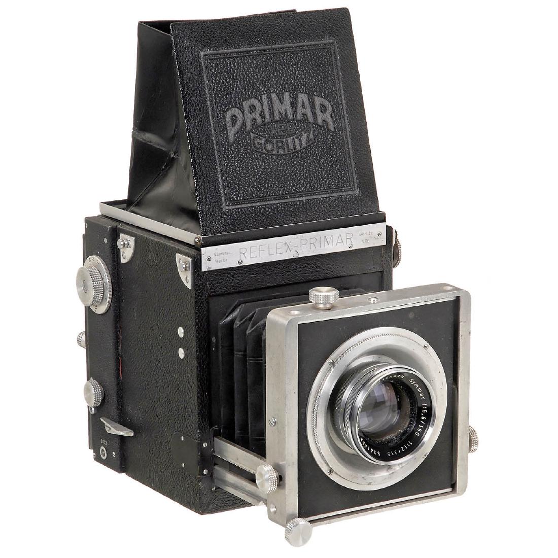 Atelier-Reflex Primar, 1950: Atelier-Reflex Primar, 1950 Kamera-Werke Görlitz VEB. SLR camera, 9 x 12 cm, no. 2672, focal plane shutter (working well!), with Schneider Symmar 5,6/180 mm (12/315 mm) and double cassette. Atelier-R