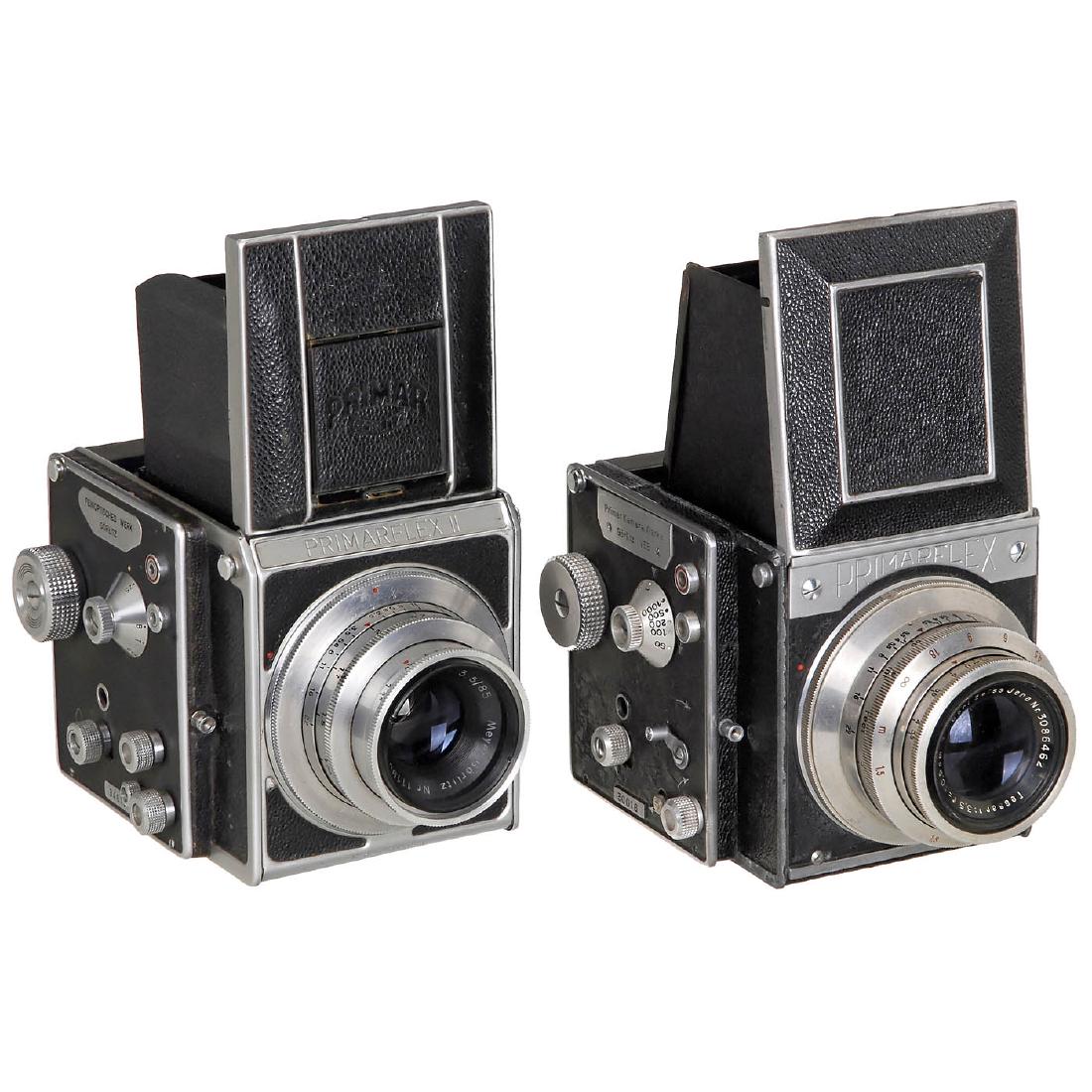 2 Primarflex Cameras from 1950 and 1952: 2 Primarflex Cameras from 1950 and 1952 1) Primar Kamera Werke, Görlitz VEB. Model 1950, no. 30016, SLR 6 x 6 cm, waist-level viewfinder, focal plane shutter (sluggish, but working), Tessar 3,5/10,5