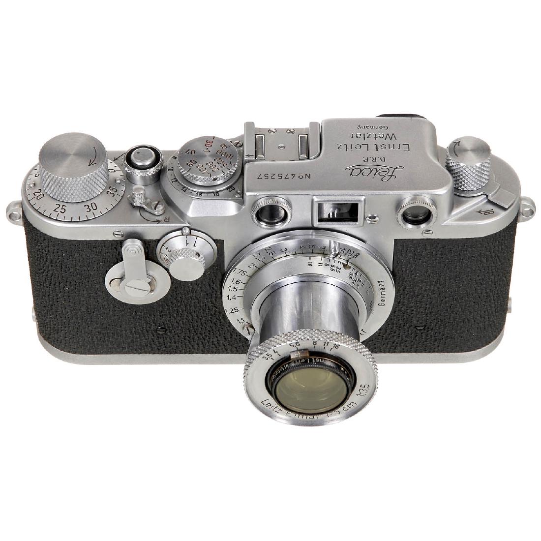 Leica IIIc "Leitz-Eigentum", 1949: Leica IIIc "Leitz-Eigentum", 1949 Leitz, Wetzlar. No. 475257, converted to Leica IIIf (screwed-on black-dial scale), sharkskin vulcanite, rangefinder contrast weak. With Elmar 3,5/5 cm, yellow filter 