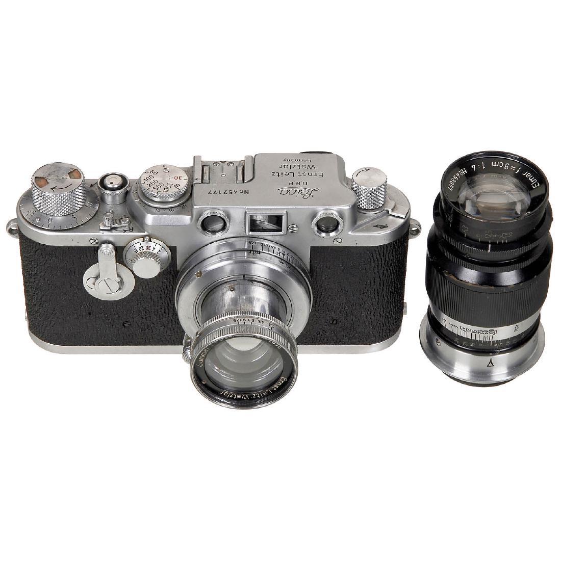 Leica IIIf with 2 Lenses, 1949: Leica IIIf with 2 Lenses, 1949 Leitz, Wetzlar. No. 457177, Leica Ic, converted to IIIf, black-dial synchronization, 1/1000 sec., slow shutter speeds (shutter speeds working unevenly), self-timer, shar