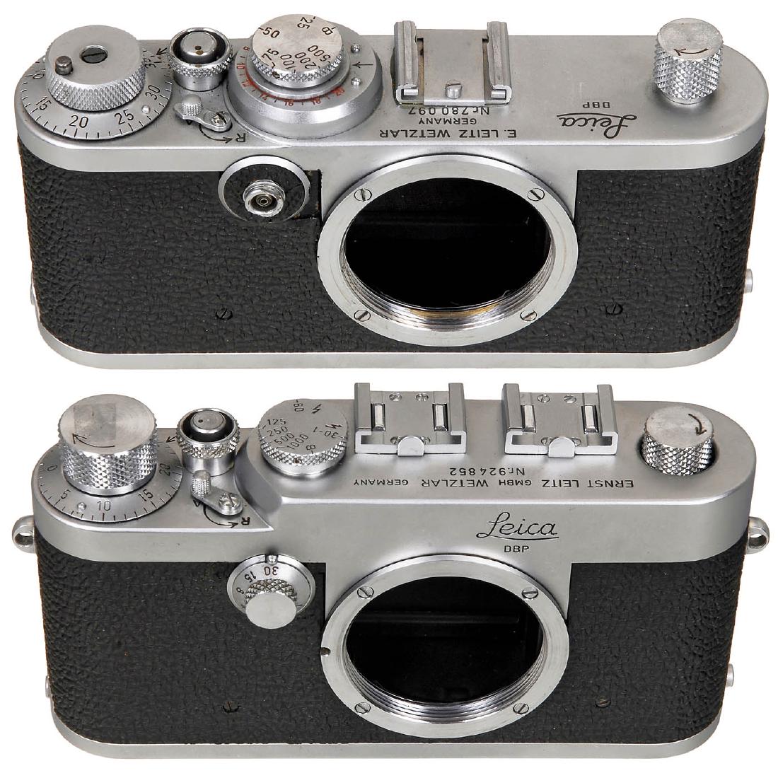 Leica If and Ig, 1957/58: Leica If and Ig, 1957/58 Leitz, Wetzlar. 1) Leica If, no. 780097, accessory shoe not original, body without lugs, converted advance knob for mechanical transport. Unusual Leica model. (2/2) - And: 2) 
