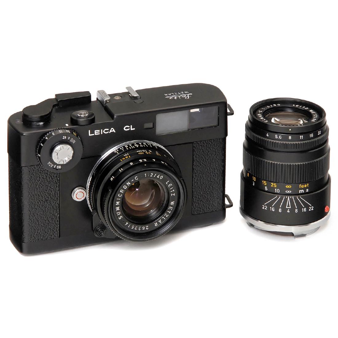Leica CL with Both Lenses, 1974: Leica CL with Both Lenses, 1974 Leitz, Wetzlar. 1) Leica CL, no. 1307508, nearly mint condition, light meter with loose contact. - 2) Summicron-C 2/40 mm, no. 2633514, lens hood. - And: 3) Elmar-C 4/9
