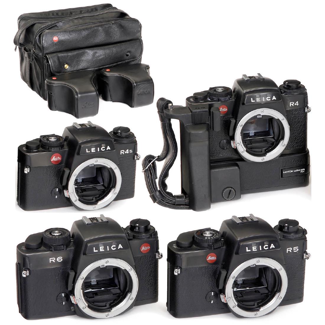 Leica R4, R4s, R5 and R6: Leica R4, R4s, R5 and R6 Leitz, Wetzlar/Portugal, and Leica, Solms. 1) Leica R4, no. 1660385, with Motor Winder R4 and grip, body cap. (3/-) - 2) Leica R4s "Portugal", no. 1633985, body cap. (3+/-) -