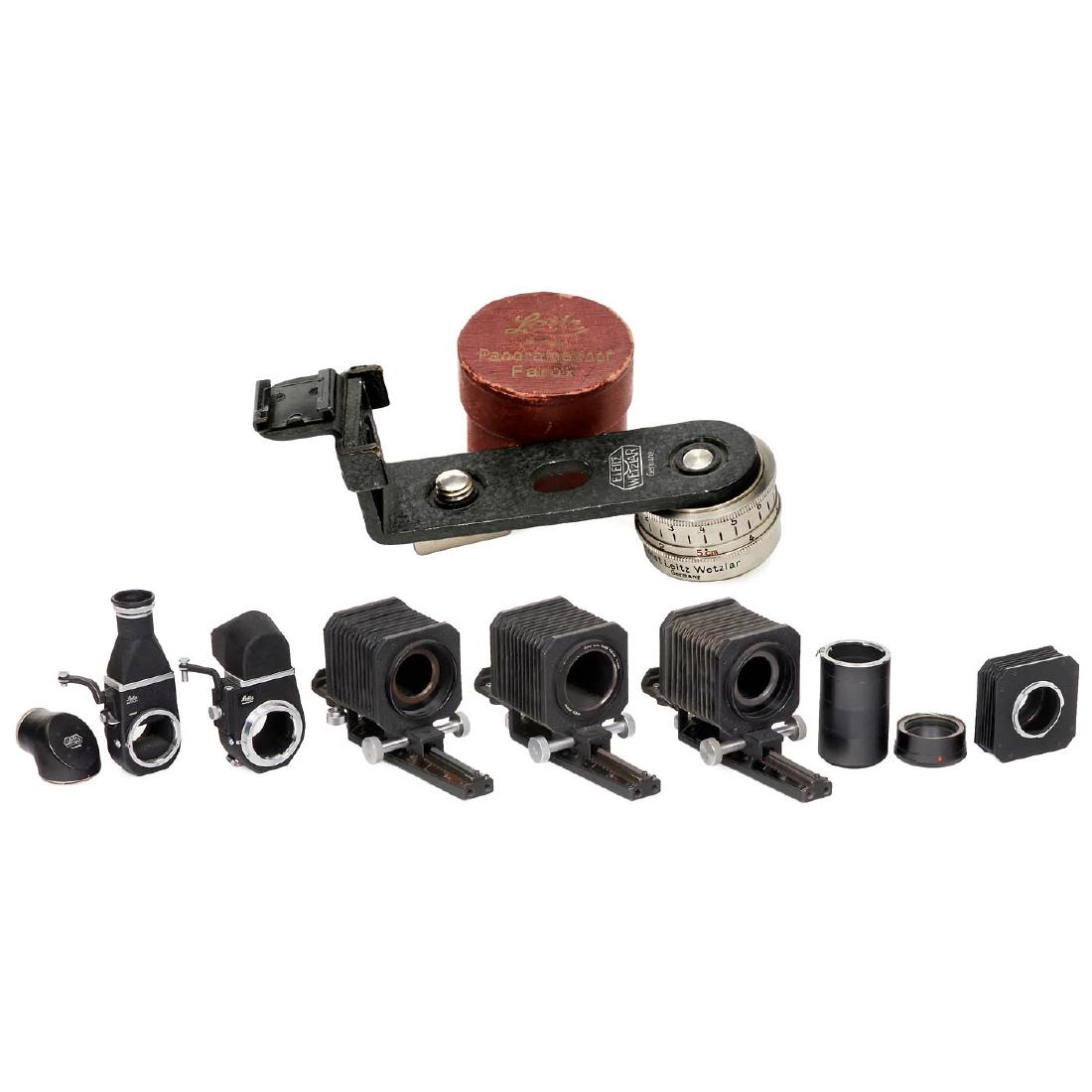 Leitz Accessories: Leitz Accessories Leitz, Wetzlar. 1-3) Bellows I, UXOOR, all with adapters and one compendium shade. - 4-5) Visoflex II and III, magnifiers PAMOO, OTVXO, 16499. - 6-9) Leica R extension rings, 1 x 141