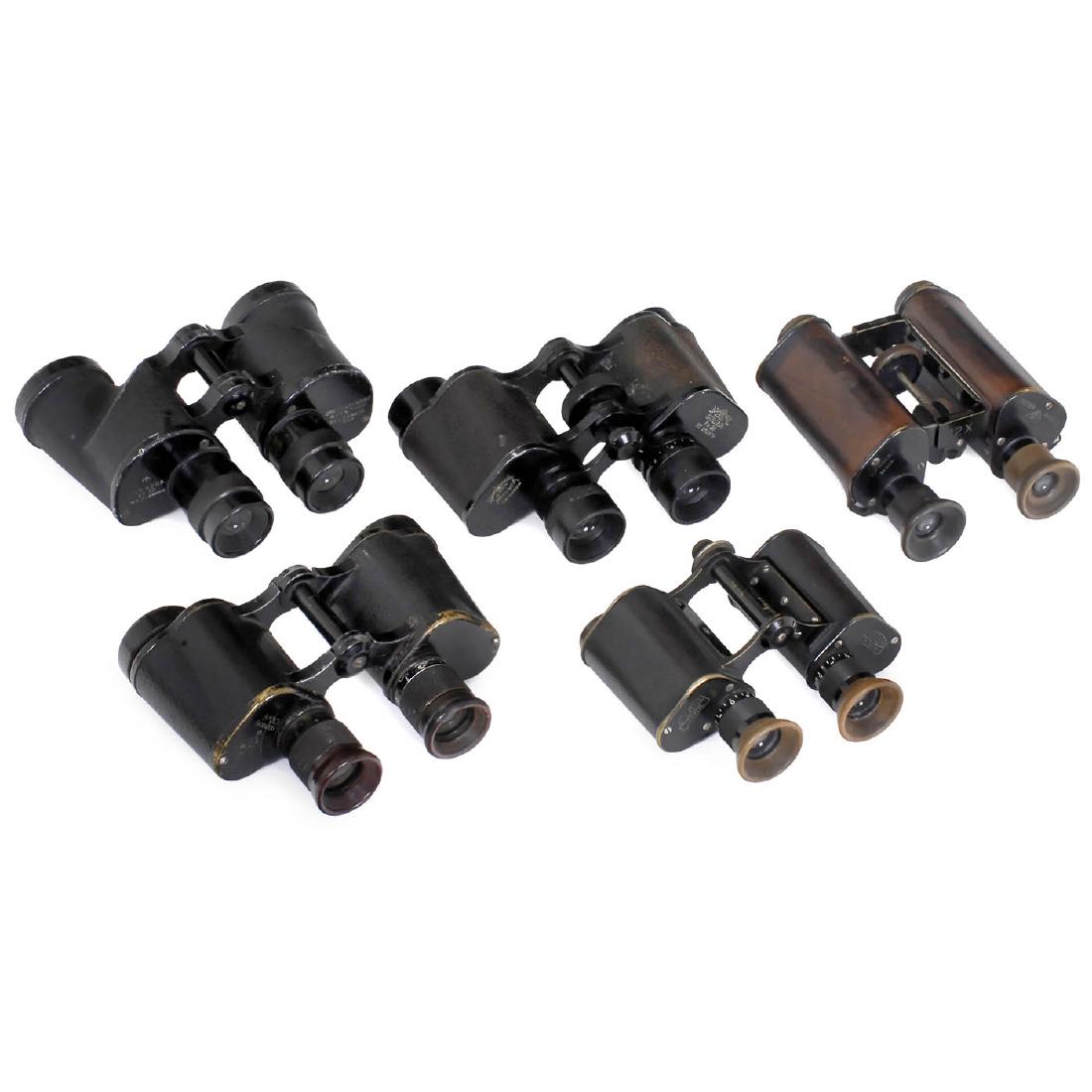 5 Binoculars: 5 Binoculars 1) Carl Zeiss, Jena. "Feldstecher 8Fach" (8 x 24), c. 1908. - 2) C.P. Goerz, Berlin. "Trieder Binocle 12x", c. 1898. - 3) Busch, Rathenow. "Sollux 8 x 30", c. 1930. - 4) R.E.L./Canada, 19