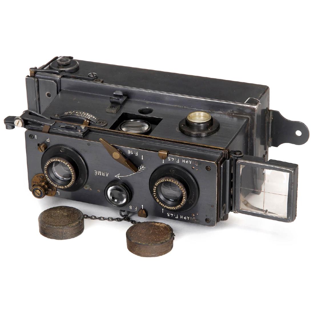 Richard Verascope 45 x 107, c. 1930: Richard Verascope 45 x 107, c. 1930 Jules Richard, Paris. Stereo camera for plates of 45 x 107 mm, lenses: Carl Zeiss Jena Tessar 4,5/5,5 cm, pinhole diaphragms 4,5, 8 and 16, guillotine shutter P, 1/