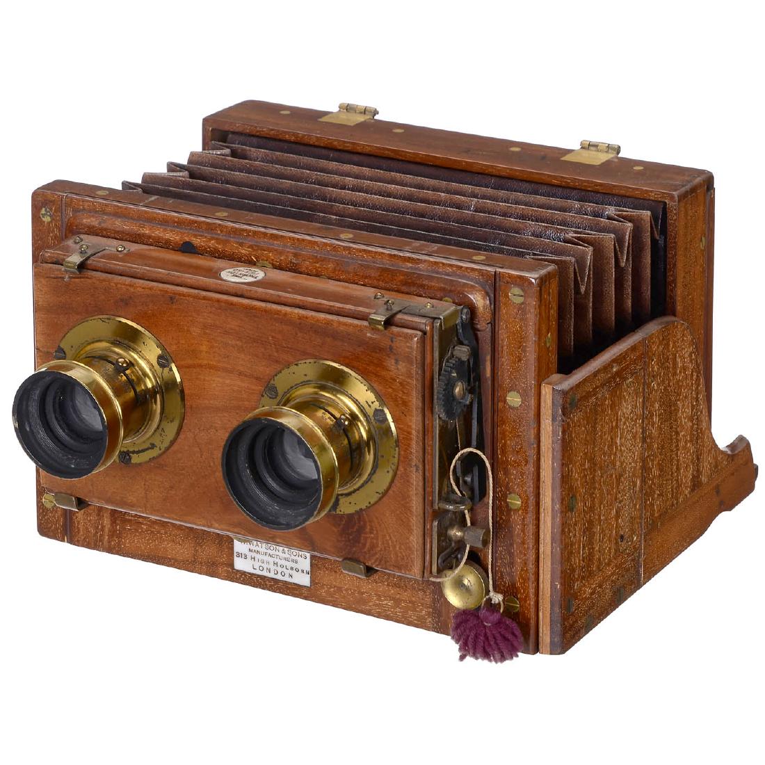 Stereo Field Camera by Watson & Sons, c. 1892: Stereo Field Camera by Watson & Sons, c. 1892 W. Watson & Sons, London. Plate size 3 ½ x 6 ¾ in., attractive mahogany body with brass fittings, brown bellows, focusing screen back and 2 double casse
