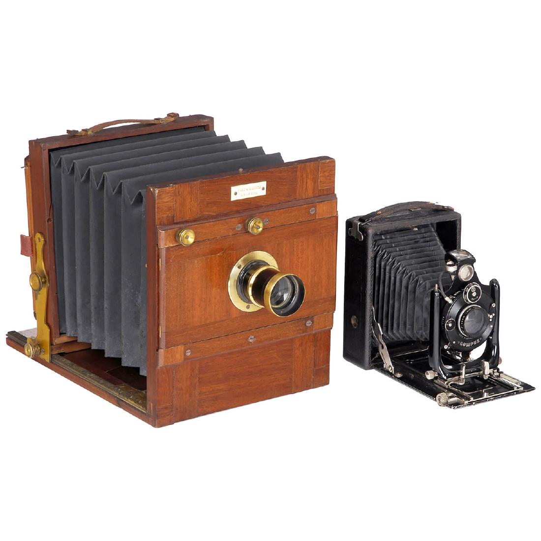 German Field Camera by Falz & Werner, c. 1890: German Field Camera by Falz & Werner, c. 1890 Falz & Werner, Leipzig. Plate size 5 x 7 in. (13 x 18 cm), dark polished wood with brass fittings, black square bellows, focusing screen back and 3 double
