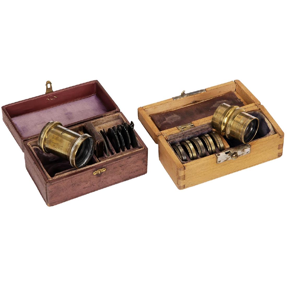 2 Convertible Lenses: 2 Convertible Lenses 1) Berthiot, Paris. Universal landscape lens "No. 3", no. 19541, c. 1870. Focal length approx. 23 cm, case. (3/3) - In addition: 2 sets of waterhouse stops (not for this lens). - 