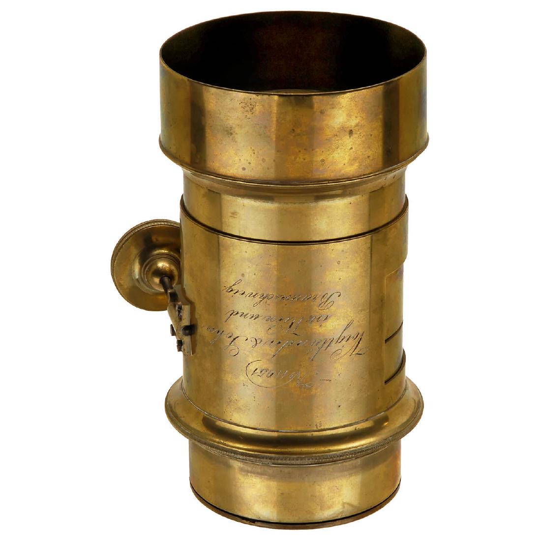 Petzval Portrait Lens "3 Zoll" by Voigtländer, c. 1863: Petzval Portrait Lens "3 Zoll" by Voigtländer, c. 1863 Voigtländer, Wien und Braunschweig. No. 11051, 3 Zoll = 289,7 mm focal length, front lens Ø 81 mm, height of the lens with lens hood 8 ¼ in.,