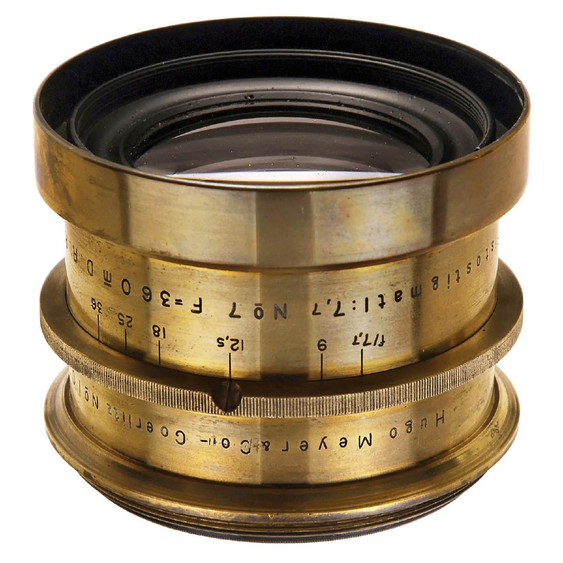 Aristostigmat 7,7/360 mm No. 7, c. 1900: Aristostigmat 7,7/360 mm No. 7, c. 1900 Hugo Meyer & Co., Görlitz. No. 10213, iris stop, height 2 1/3 in., Ø 3 in., very clean optics! Aristostigmat 7,7/360 mm No. 7, um 1900 Hugo Meyer & Co., Görl