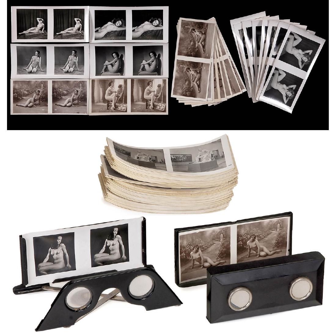 2 Strut Stereo Viewers with Nude Photographs: 2 Strut Stereo Viewers with Nude Photographs Unis and Raumbild-Verlag. Metal strut stereo viewer for stereo cards of 6 x 13 cm. With 13 nude stereo cards from series "Martins Kunstmappe Serie 1" and 1