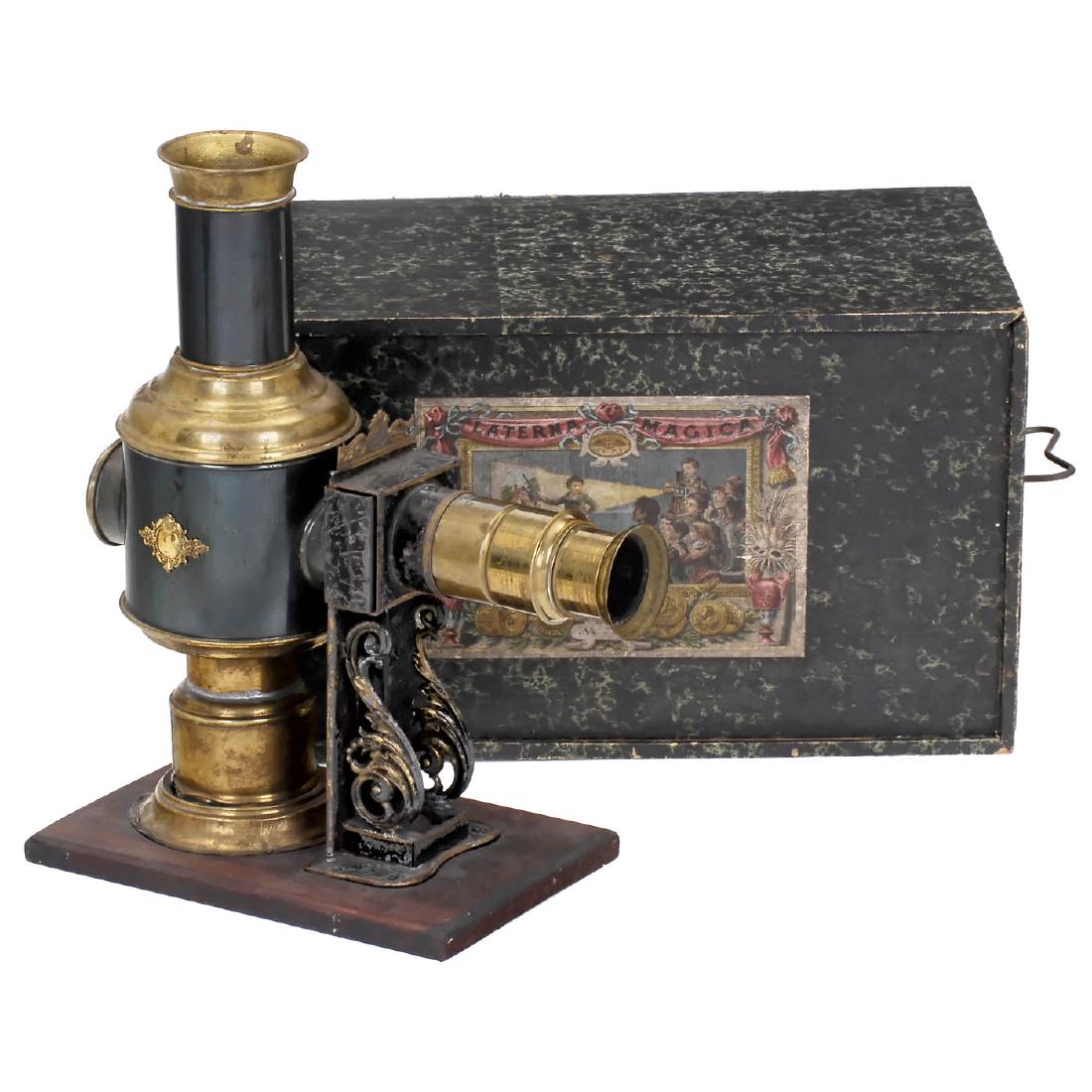 "Square-Shaped Lantern" by Plank, 1890: "Square-Shaped Lantern" by Plank, 1890 Ernst Plank, Nürnberg. Export model for USA (catalog by Marshall Field & Co.), blue sheet-iron elevated cylindrical form, with side decoration, for lantern slid