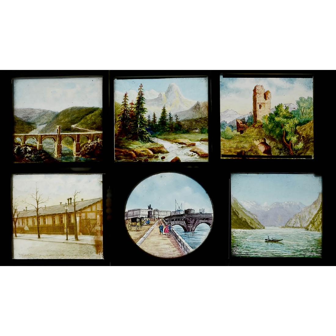 6 Large Hand-Painted Magic Lantern Slides, c. 1850-70: 6 Large Hand-Painted Magic Lantern Slides, c. 1850-70 Wood-framed, size of the frames: 5 frames of 4 3/4 x 7 4/5 in. and 1 frame of x 5 ½ x 8 ¼ in., picture size 4 x 4 1/3 in. and Ø 4 1/3 in. Moti
