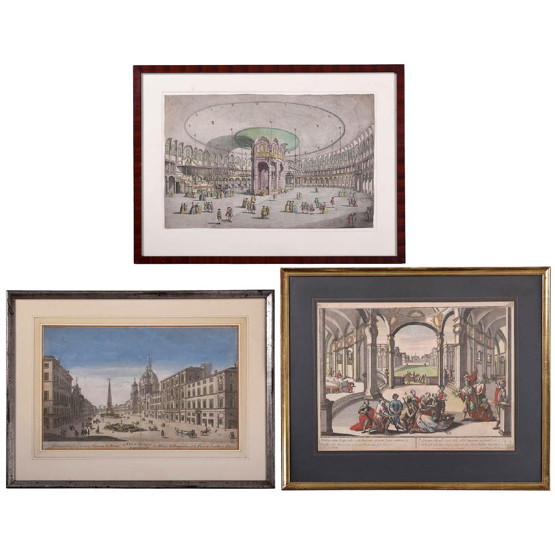 3 Vues d'Optique: 3 Vues d'Optique 1) Vue d'Optique "Place Navone à Rome", c. 1780, size 10 5/8 x 16 ½ in., hand-colored copperplate. (3+/-) - 2) "Und Joseph hub seine Augen auf, und sah seinen Bruder Benjamin", bibl