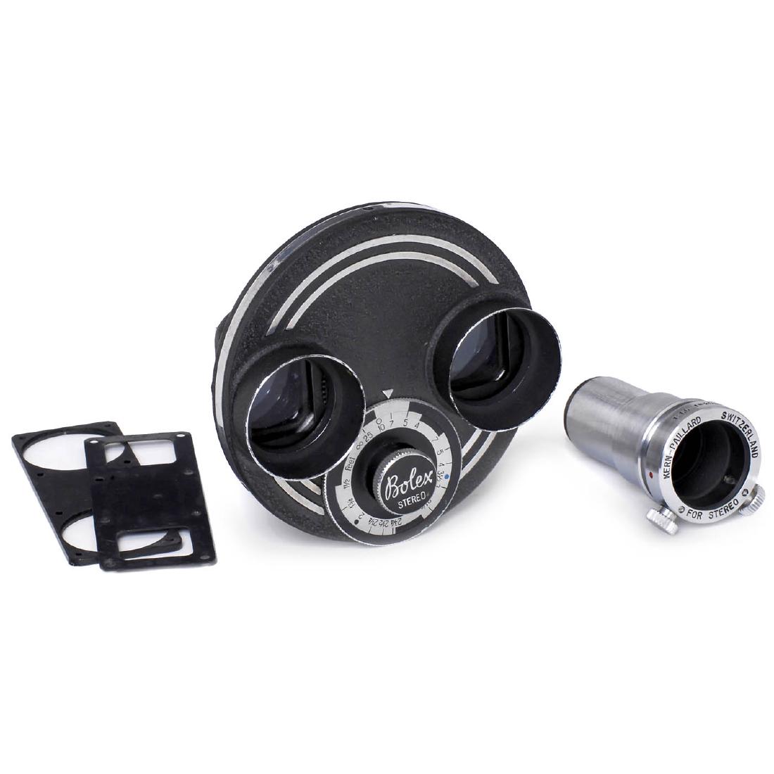 Stereo Outfit for Bolex 16mm Film: Stereo Outfit for Bolex 16mm Film 1) Stereo camera attachment, c. 1955. Kern-Paillard stereo lens Yvar 1:2,8/12,5 mm with C-mount ring. For corresponding Bolex 16mm movie cameras. - And: 2) Stereo pro