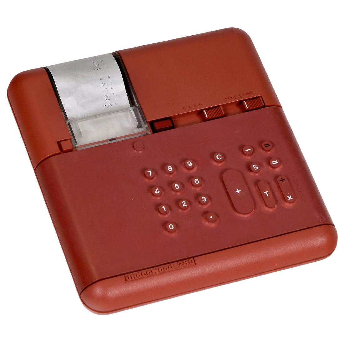 Olivetti Underwood 280 Electronic Desktop Calculator,: Olivetti Underwood 280 Electronic Desktop Calculator, 1973 American version of the Divisumma 28, four basic functions with memory, red rubber membrane over the keyboard, thermal paper printer, design