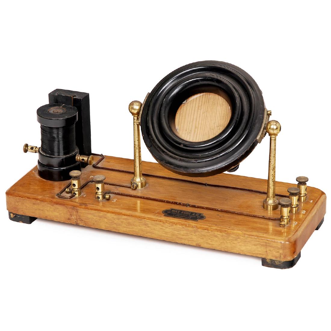 Model of a Micro-Telephone Station by Max Kohl, c. 1910: Model of a Micro-Telephone Station by Max Kohl, c. 1910 Adapted for demonstration purposes, open microphone, mounted rotating on 2 brass pillars, sliding induction coil for varying the induction actio