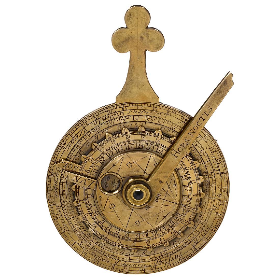 Nocturnal Coloniae, c. 1840: Nocturnal Coloniae, c. 1840 Circular brass instrument, with Latin inscriptions, face with 2 discs and indicator arm, outer disc with engraved months, inner disc with hours of the day, pointers engrave