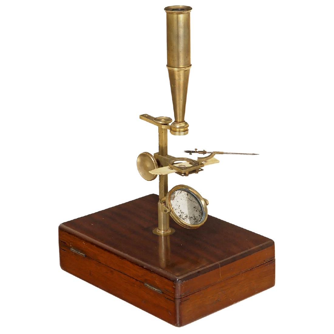Box-Base Cary-Type Compound Microscope, c. 1850: Box-Base Cary-Type Compound Microscope, c. 1850 Signed "J.P. Cutts Sons & Sutton, Opticians to Her Majesty, Sheffield", original lacquered brass, concave single mirror, spring tension stage with rack-