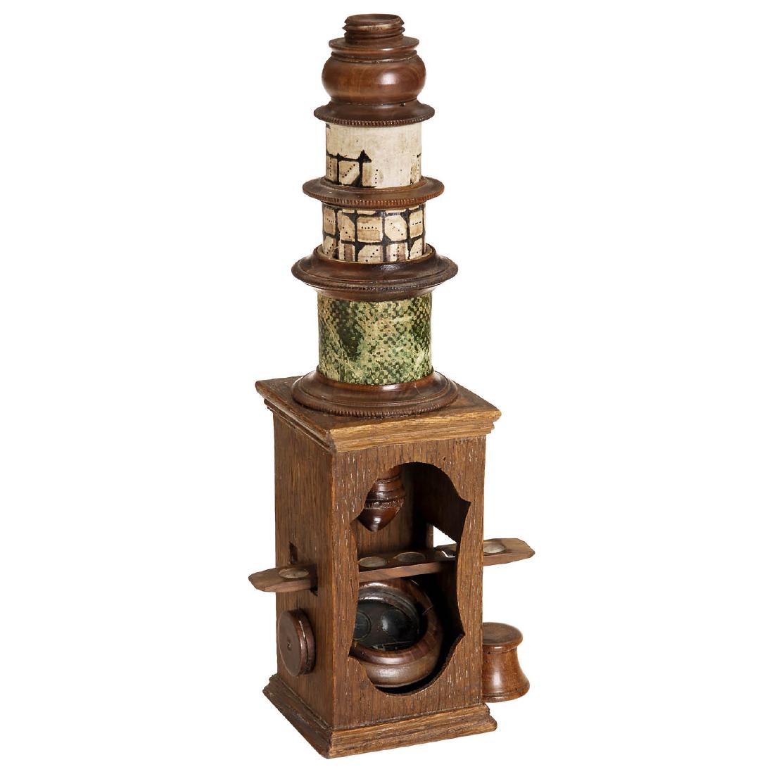 Nuremberg Compound Monocular Microscope, c. 1820: Nuremberg Compound Monocular Microscope, c. 1820 Box-type, hardwood, outer pasteboard tube with fishskin-patterned covering, draw tubes covered with paper, screw-on dust caps on eyepiece and lens, sin