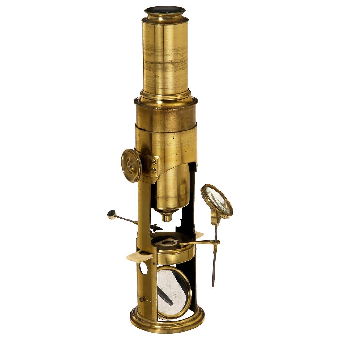 Compound Drum Microscope, 19th Century: Compound Drum Microscope, 19th Century Unsigned, probably England. Original lacquered brass, concave mirror, spring tension stage, stepped tube, rack-and-pinion focusing, height 10 inch, with bone spe
