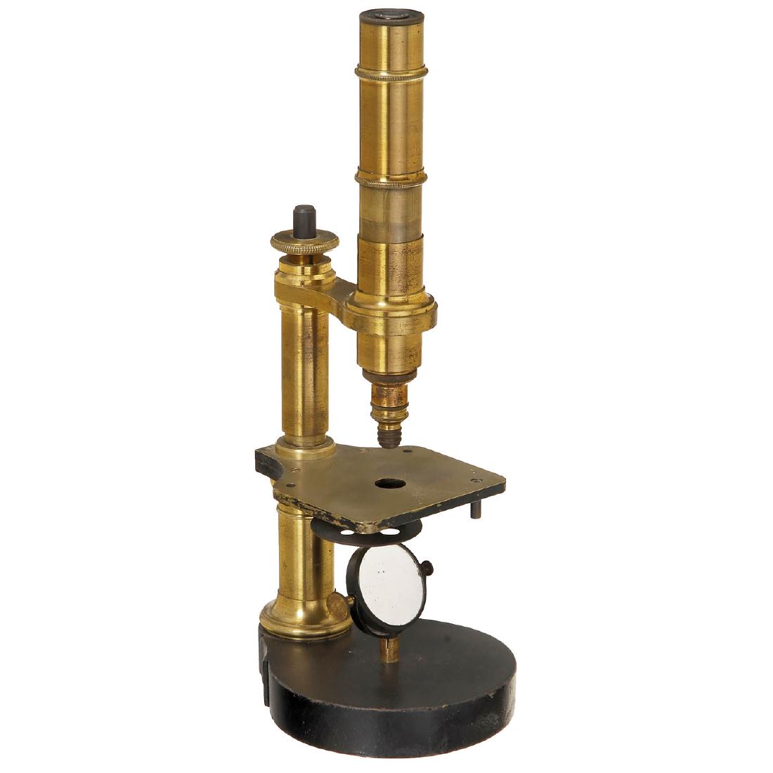 Brass Microscope by Dr. Arthur Chevalier, c. 1860: Brass Microscope by Dr. Arthur Chevalier, c. 1860 Signed: "Dr. Arthur Chevalier 158. Palais-Royal. 158", Paris. 1 ocular, 1 objective, draw tube coarse adjustment, fine adjustment with milled-head scr