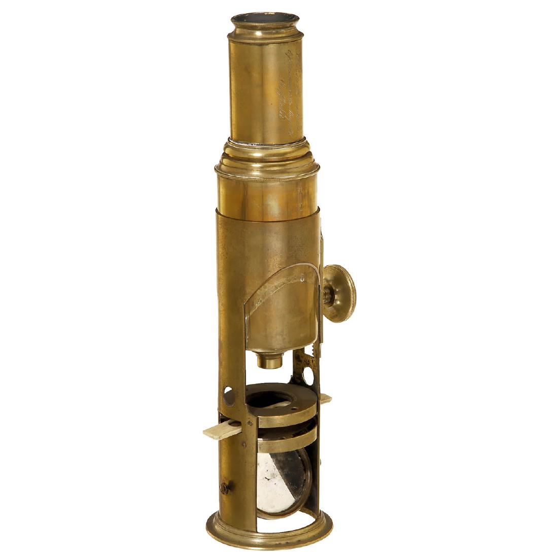 Compound Drum Microscope, 19th Century: Compound Drum Microscope, 19th Century Signed "J.P. Cutts Sons & Sutton, Opticians to Her Majesty, Sheffield", England. Original lacquered brass, concave mirror, spring tension stage, stepped tube, 1 