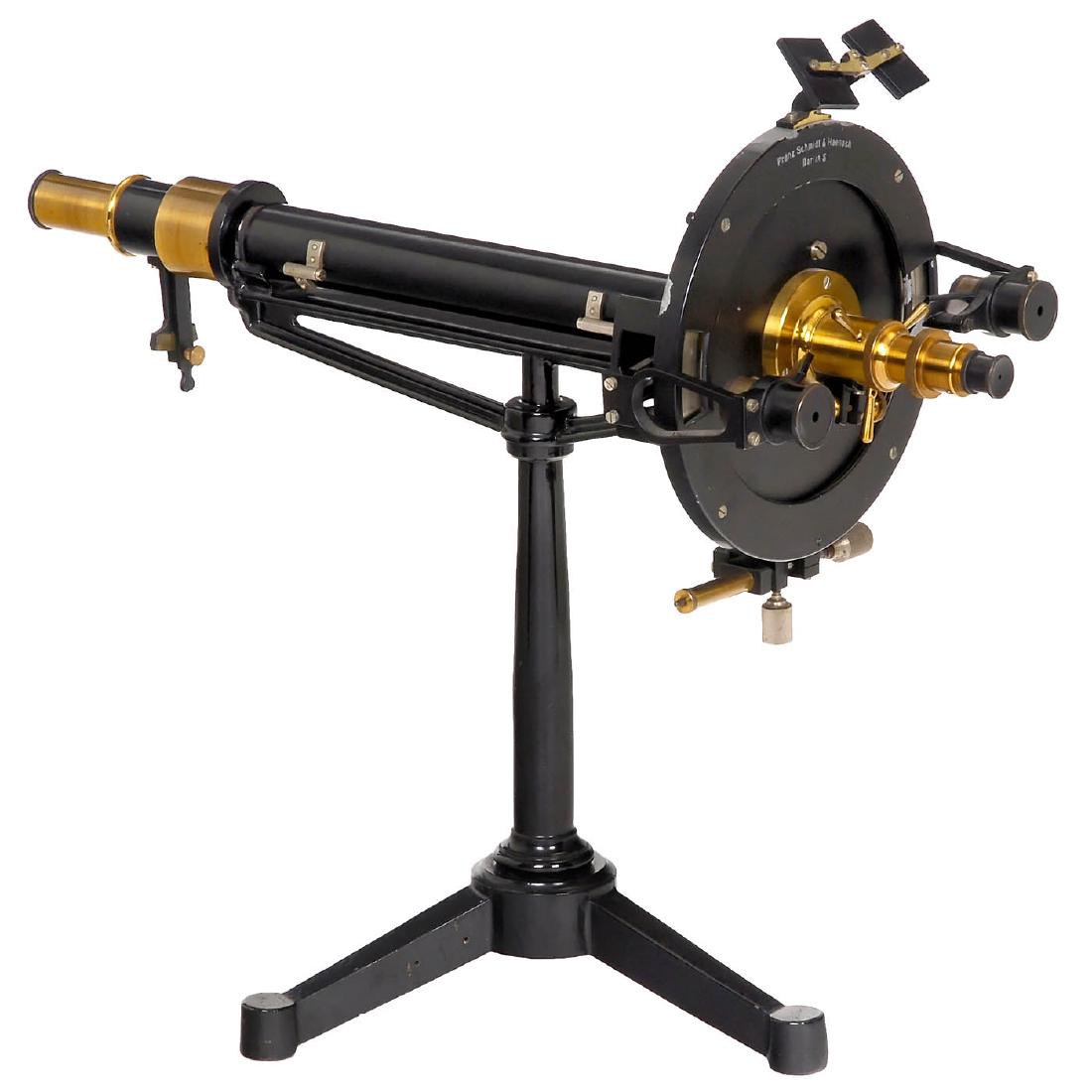 Polarimeter by Schmidt & Haensch, c. 1900: Polarimeter by Schmidt & Haensch, c. 1900 Franz Schmidt & Haensch, Berlin. No. 10834, lacquered and blackened brass, 2 silvered vernier scales, 2 magnifying glasses, adjustable mirrors, 2 inset specim