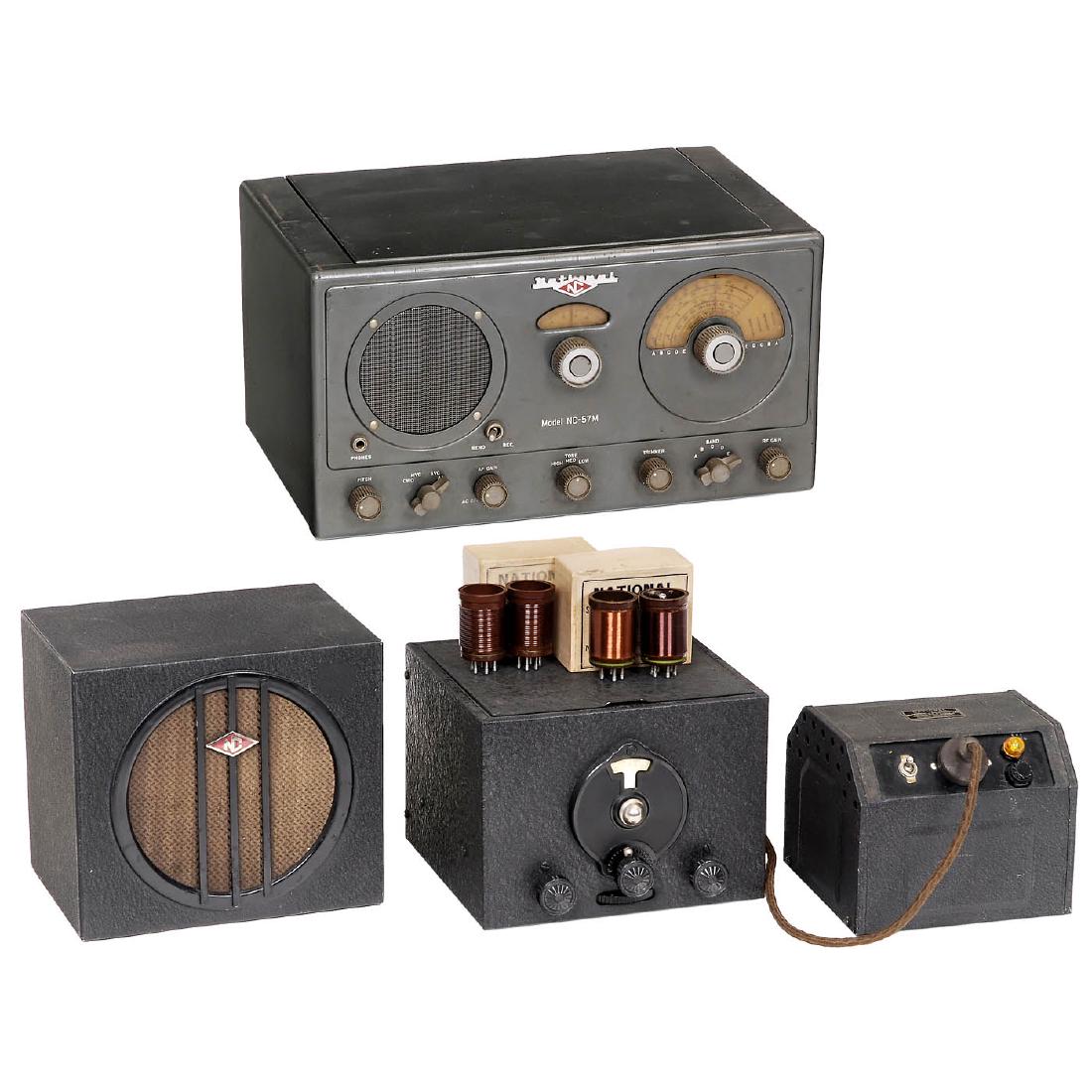 2 American National Radio Receivers: 2 American National Radio Receivers 1) Model SW-3, 3 tubes, 3 wave ranges, 1 set of frequency coils, metal case, c. 1942. - In addition: 2 sets of frequency coils in boxes, model NDC-8 speaker and mod