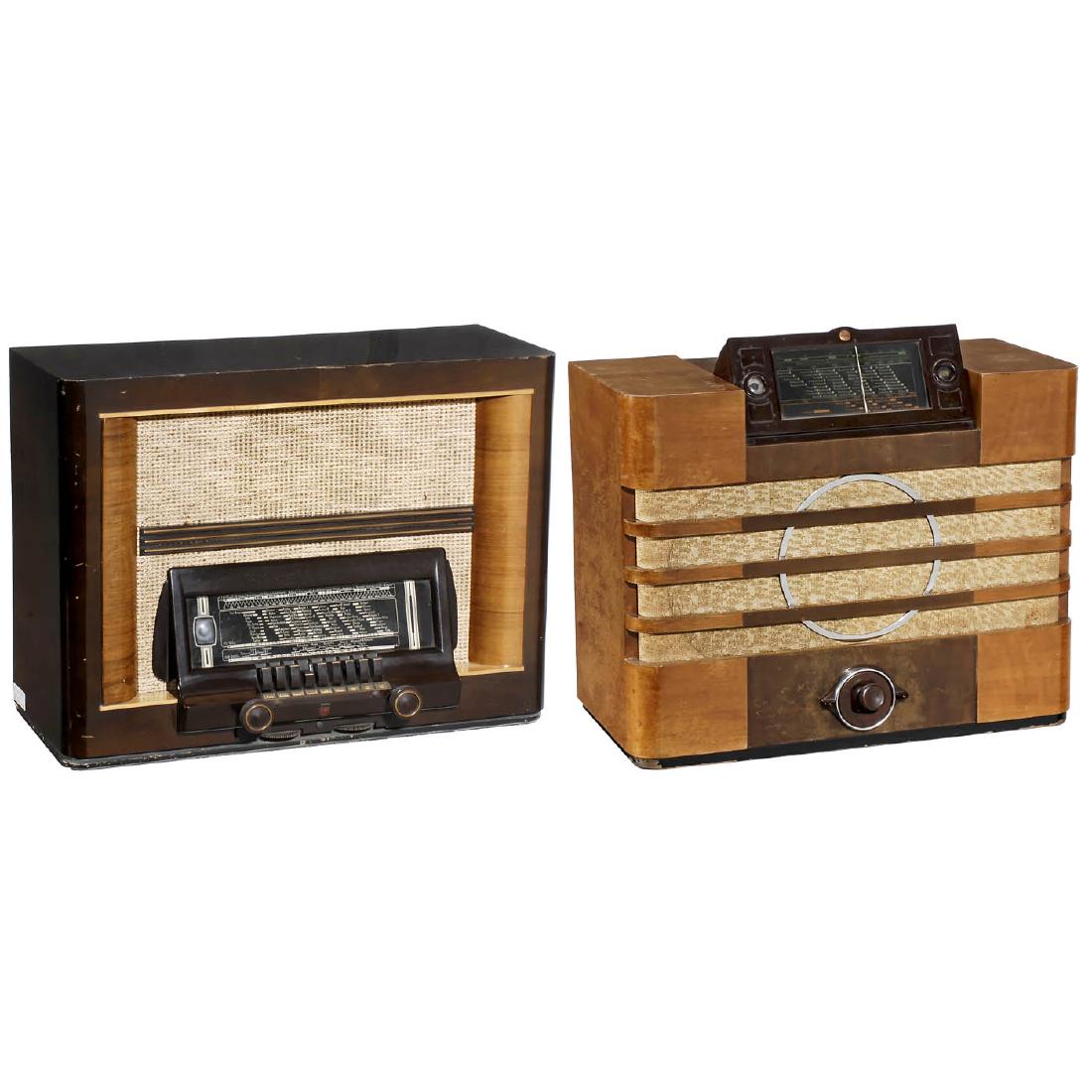 2 Radio Receivers: 2 Radio Receivers 1) Philips Sonate 796A, 6 tubes, LW, MW and SW, mains-operated, integrated loudspeaker, monoknob control (joystick), c. 1936. - And: 2) Philips 855X, 6 tubes, LW, MW and SW, mains-op