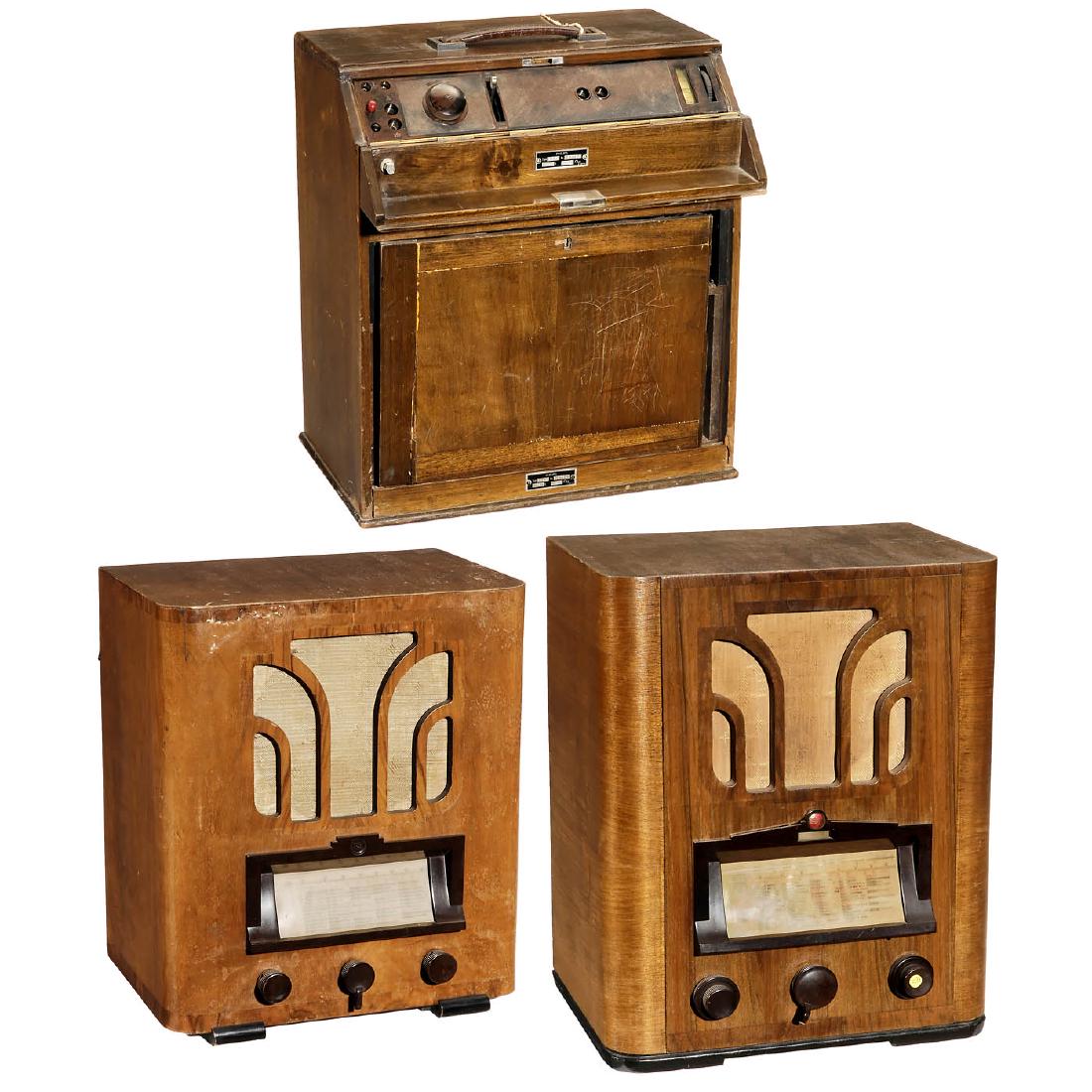 3 Philips Radio Receivers: 3 Philips Radio Receivers 1) 2540, portable, 4 tubes, MW + LW, battery-operated, wood case, with handle, front flap damaged, c. 1930. - 2) 535A, 6 tubes, LW, MW and SW, mains-operated, wood case, c. 1