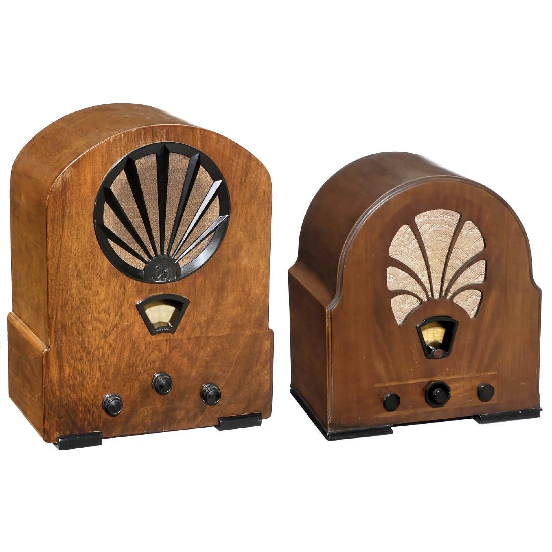 2 Radio Receivers: 2 Radio Receivers 1) Philips 334A, 6 tubes, LW, MW and SW, mains-operated, complete with all components, no rear panel, 1934. - And: 2) Erres KY 126, 5 tubes, MW + LW, mains-operated, 1933. 2 Radioe