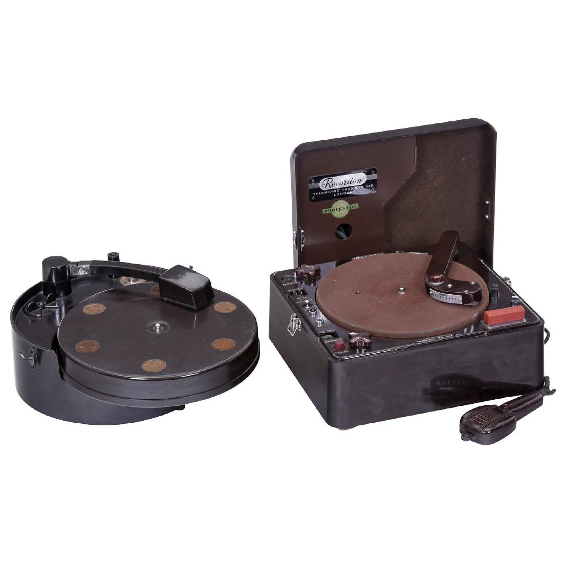 2 Magnetic Disc Phonographs: 2 Magnetic Disc Phonographs 1) Dimafon Reprodukta, manufacturer: Assmann GmbH, Germany. AC 110/220 V, integrated speaker, bakelite case without cover, c. 1952. - And: 2) Recordon TP503, manufacturer: 