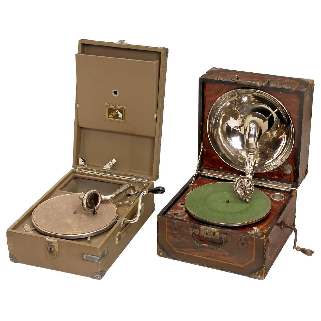2 Portable Gramophones, c. 1925/35: 2 Portable Gramophones, c. 1925/35 1) His Master's Voice. Olive-green case, HMV reproducer, good playing condition. (3-/2-) - And: 2) Japanese phonograph, nickeled reflex horn, grain-painted wood case