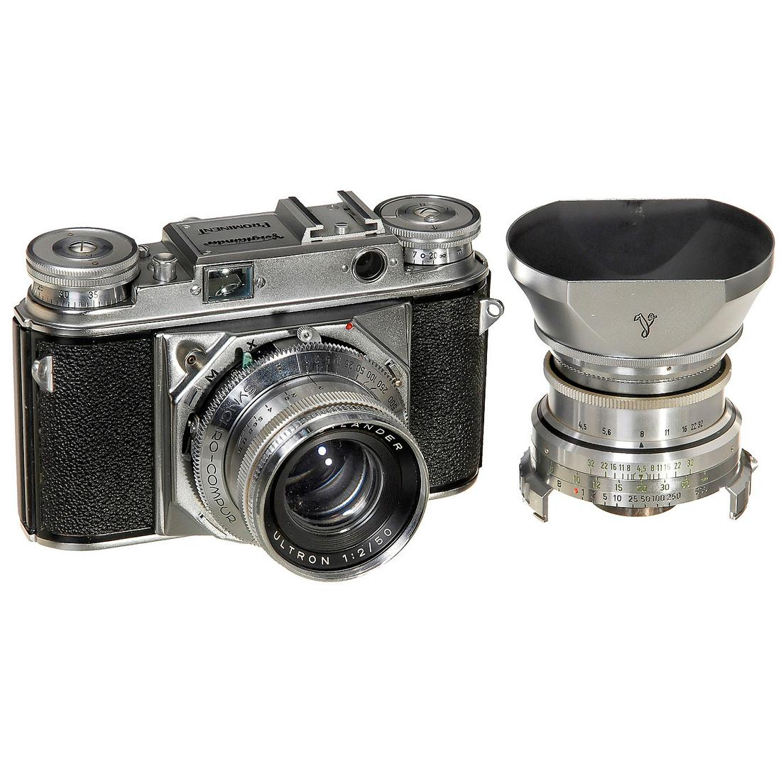 Voigtländer Prominent, 1955: Voigtländer Prominent, 1955 Voigtländer, Braunschweig. No. B74541, second model (with lever wind), Ultron 2/50 mm, Synchro-Compur (currently not working). With Dynaron 4,5/100 mm, lens hood. Voigtl�