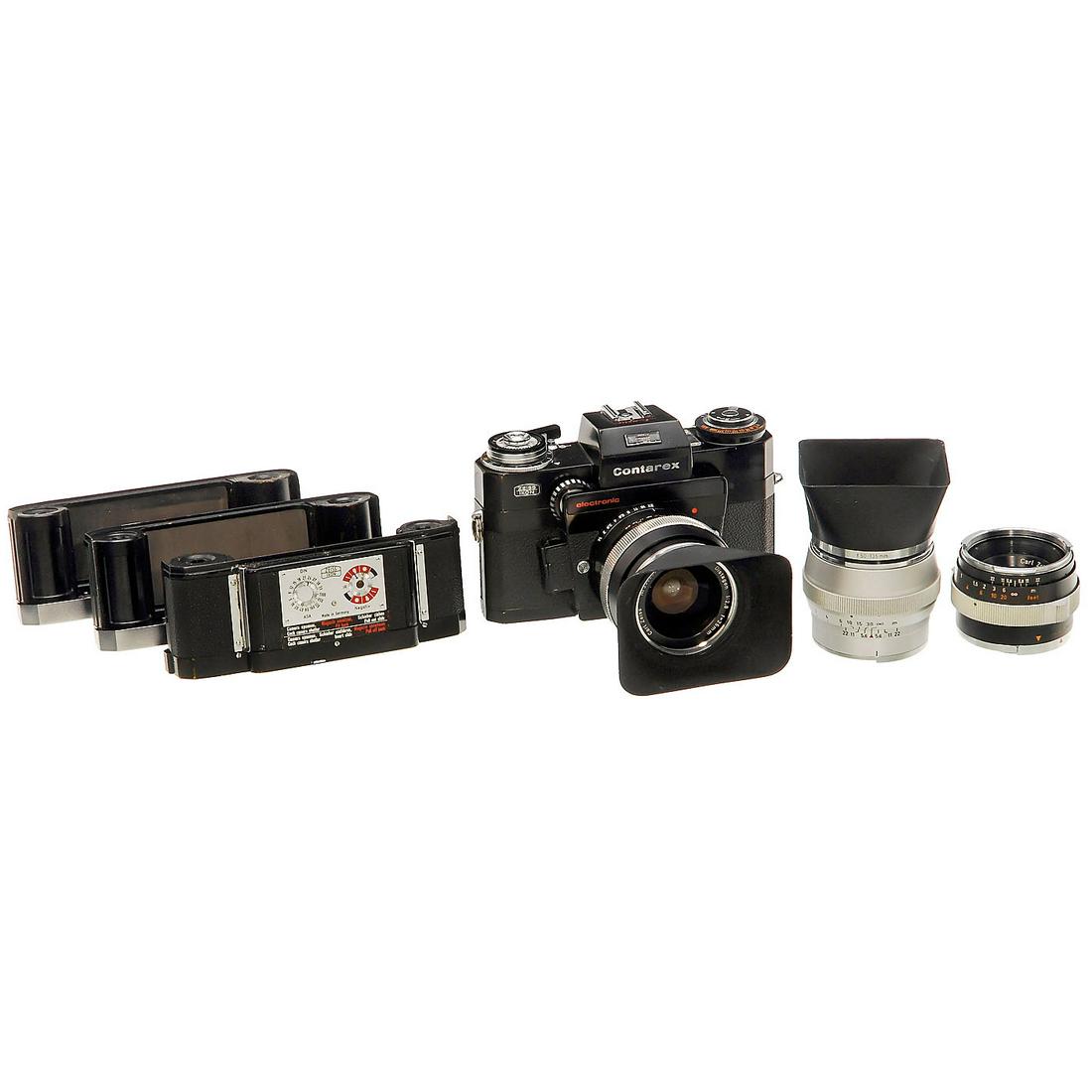 Contarex electronic Outfit: Contarex electronic Outfit Zeiss Ikon, Stuttgart. 1) Contarex electronic, 1968, no. R 55837. electronic functions checked by a specialist, shutter working very well! - 2) Distagon 2,8/25 mm, no. 35625
