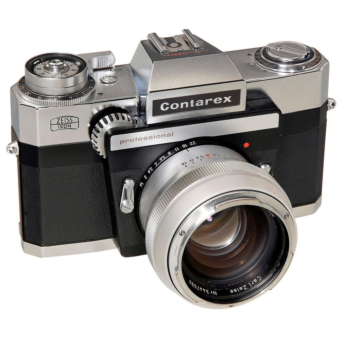 Contaflex professional "Planar 1,4/55", 1966: Contaflex professional "Planar 1,4/55", 1966 Zeiss Ikon, Stuttgart. No. K 46452. Rare Contarex, approx. 1500 made. With Zeiss Planar 1,4/55 mm, no. 3447599, lens hood. Near-mint condition! Contaflex p