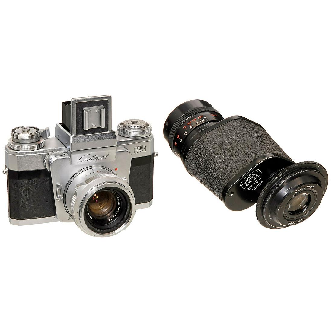 Contarex Special, 1960: Contarex Special, 1960 Zeiss Ikon, Stuttgart. No. U 24488, waist-level finder, Planar 2/50 mm, no. 3178422, long shutter speeds stuck. Body in excellent cosmetic condition. - In addition: Monocular 8