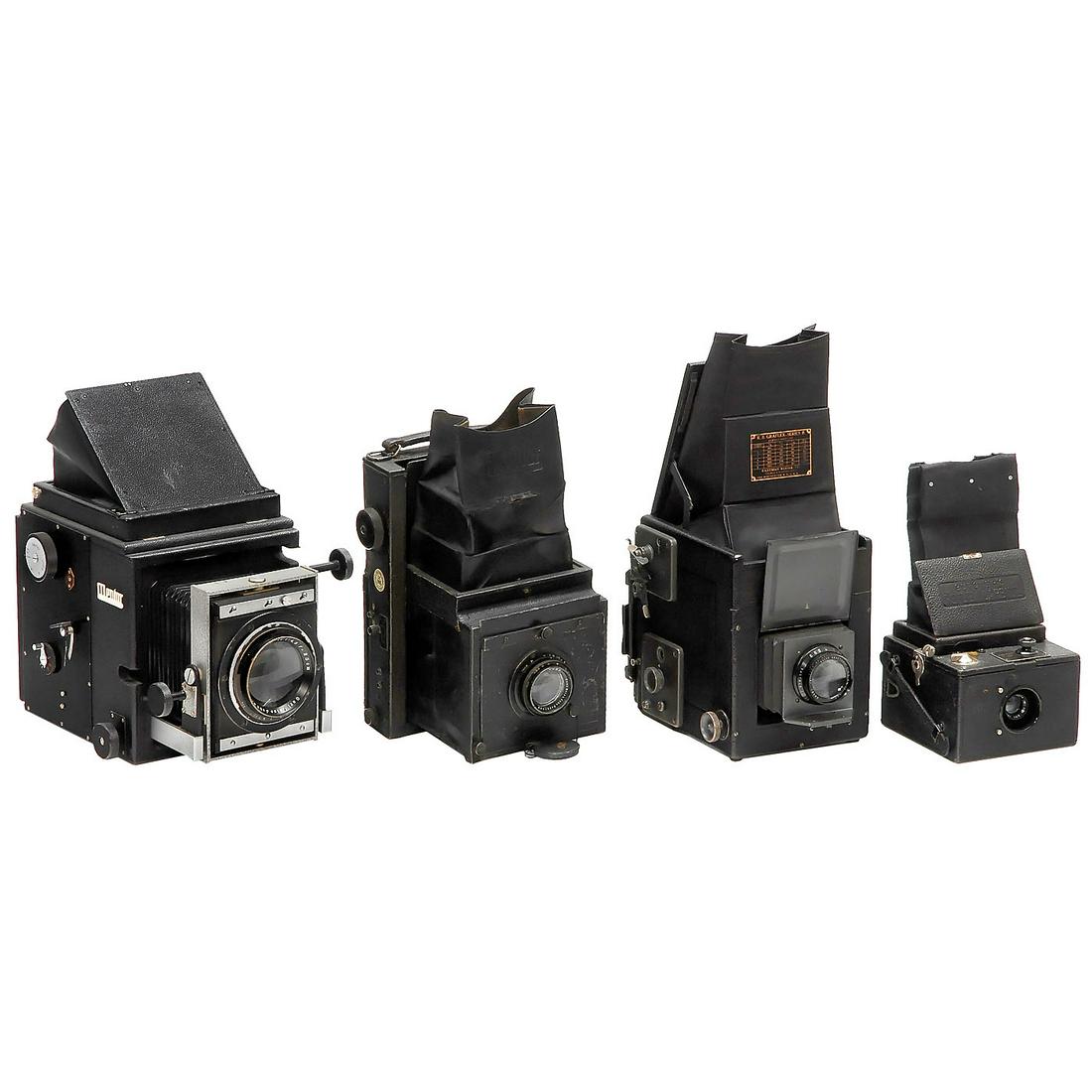 4 SLR Cameras: 4 SLR Cameras 1) Mentor (Goltz & Breutmann, Dresden). Mentor-Klapp-Reflex 9 x 12 cm, 1913, focal plane shutter stuck, Tessar 4,5/15 cm, no. 281099. - 2) VEB Pentacon. Mentor-Studio-Reflex, c. 1950, fo