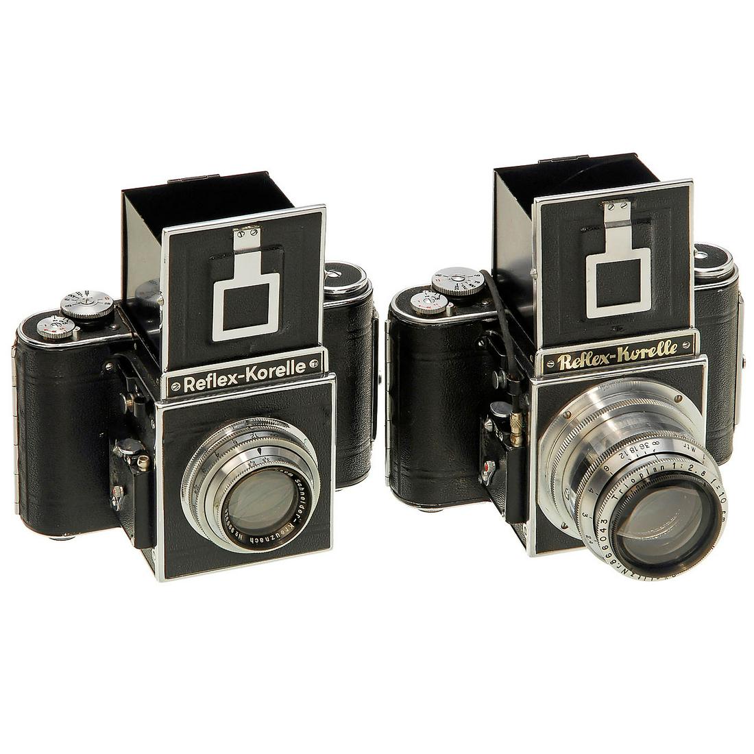 Reflex-Korelle I and II: Reflex-Korelle I and II Franz Kochmann, Dresden. SLR camera 6 x 6 cm. 1) Model I, 1936, export version with legend "Reflex-Korelle", Trioplan 2,8/10 cm, shutter speeds 1-1/500 sec., self-timer. - And: