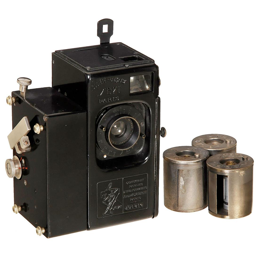 Debrie Sept, Second Model, 1921: Debrie Sept, Second Model, 1921 Debrie (Ets. André Debrie, Paris). Spring-motor camera for still, rapid sequence or cine use, with 18 x 24 mm format on 5-meter 35mm cartridges, Optis Anastigmat 3,5/5