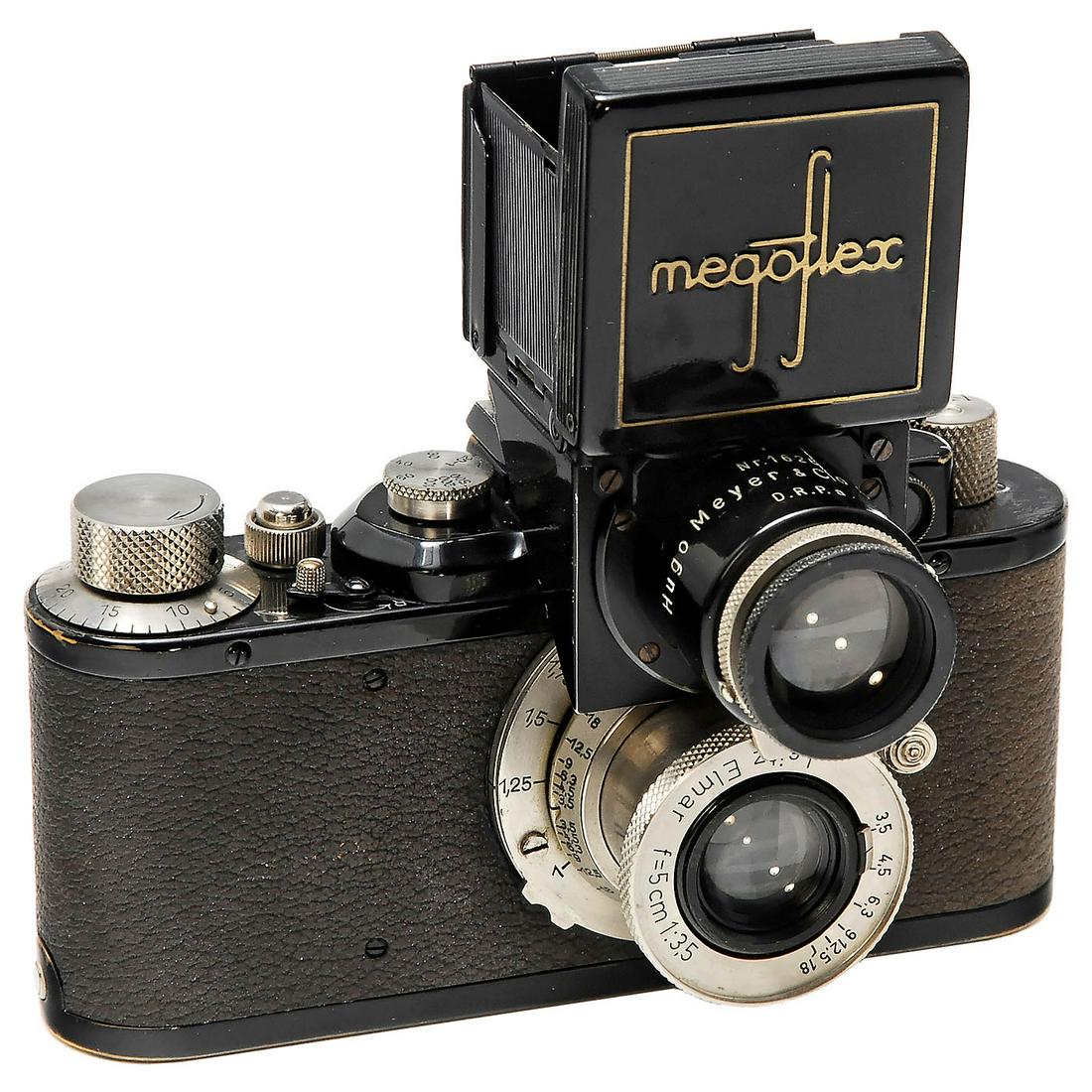 Leica II with Megoflex Viewfinder, 1935: Leica II with Megoflex Viewfinder, 1935 1) Leitz, Wetzlar. Leica II, 1935, no. 153199, black, Elmar 3,5/5 cm, no. 179129. (3/2) - And: 2) Hugo Meyer, Görlitz. Megoflex viewfinder, no. 1626, reflex vi