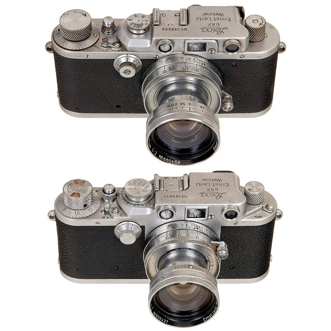 Leica IIIa and IIIf with Lenses: Leica IIIa and IIIf with Lenses Leitz, Wetzlar. 1) Leica IIIa (G), 1936, no. 298566, chrome, "0" engraving. With Summitar 2/5 cm, no. 660458. (3/2) - And: 2) Leica IIIc converted to IIIf, 1941, chrome